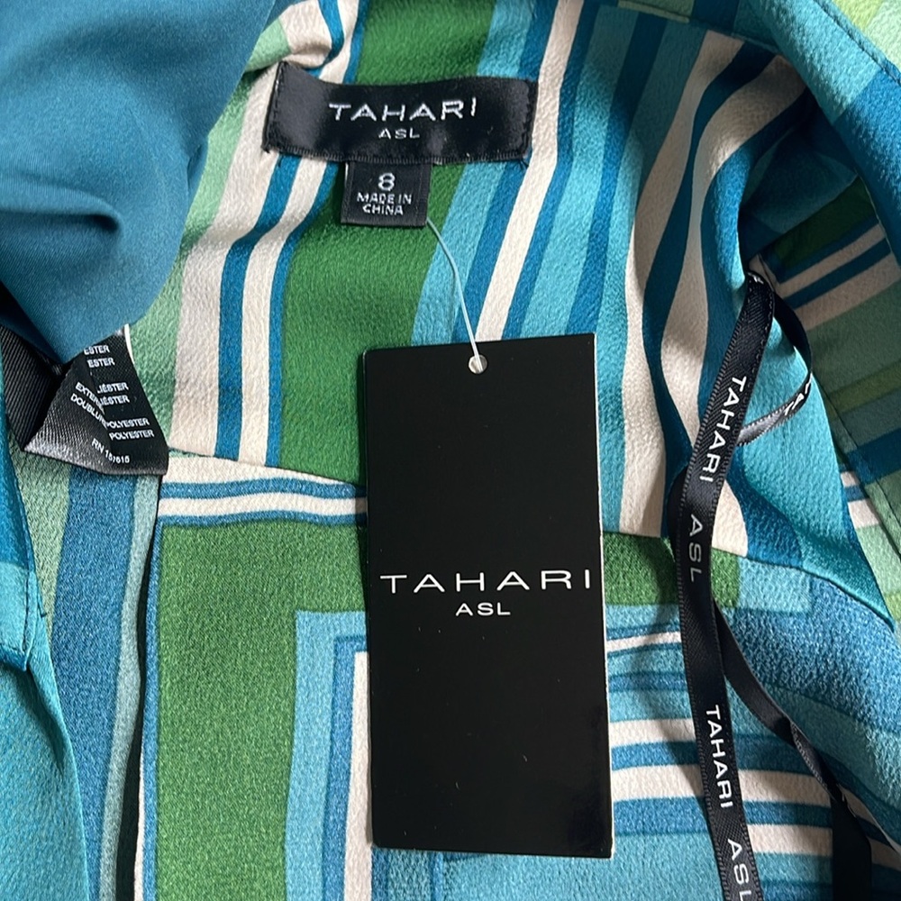 Tahari ASL Abstract Print Long Sleeve Satin Midi Dress size 8, NWT - Picture 13 of 15